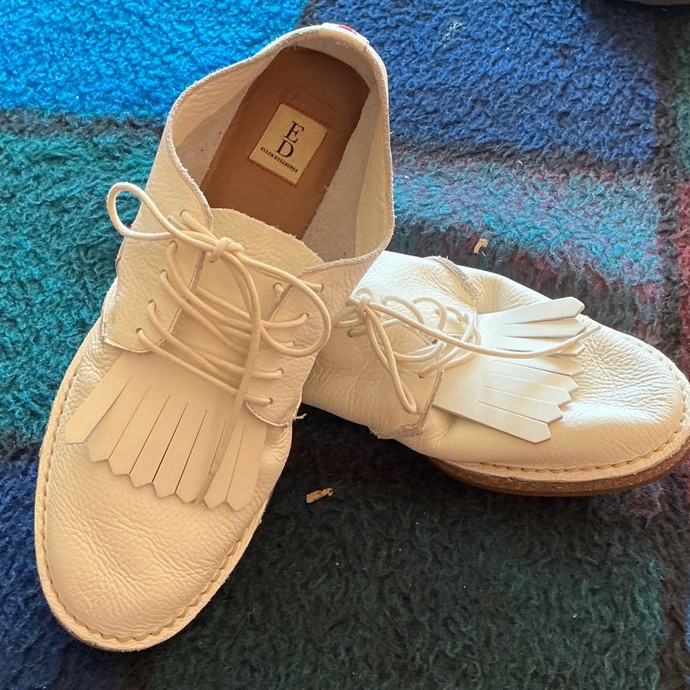 White Leather Fringe Loafers